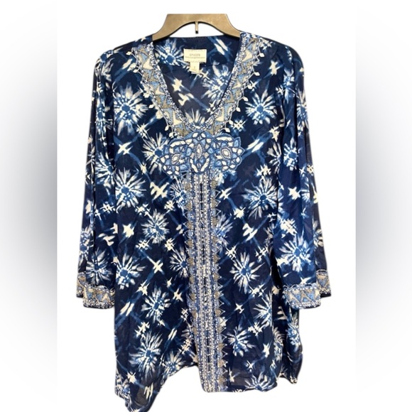 Chico's Maddie Blue Tie-Dye Embellished Tunic 3/4 sleeve - Picture 1 of 6